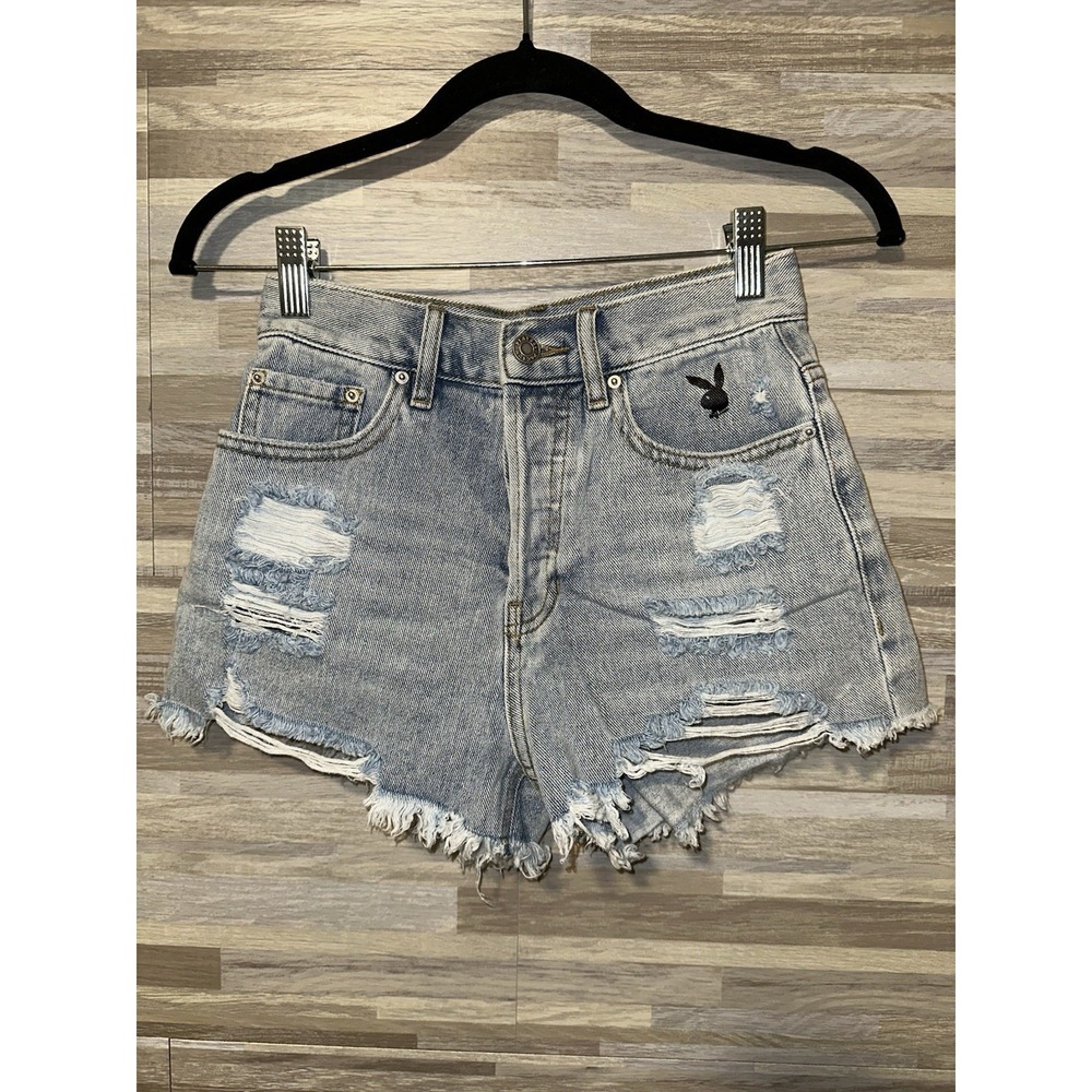 Pacsun Playboy Bunny Floral Embroidered Denim Buttonfly Shorts Women's 24 Waist